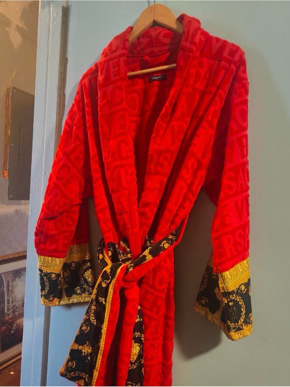 Versace Red Plush Robe with Black & Gold Baroque Trim